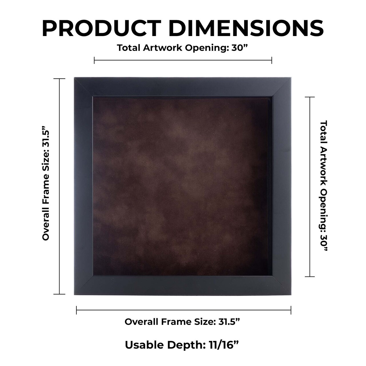 Classic Black Wood Shadown Box Frame with Acrylic Front - Brown Suede Backing, 30 Sizes